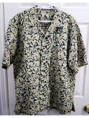 Cutter & Buck Shirt Men's Size Large Green Tan Button Up Linen Blend *Leaf Print